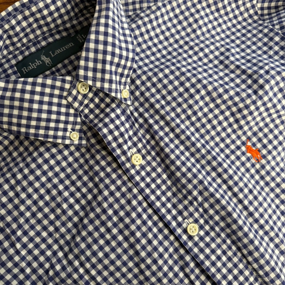 Ralph Lauren Gingham Blue White Button Down Shirt Orange Pony Logo Men Large - Picture 1 of 6